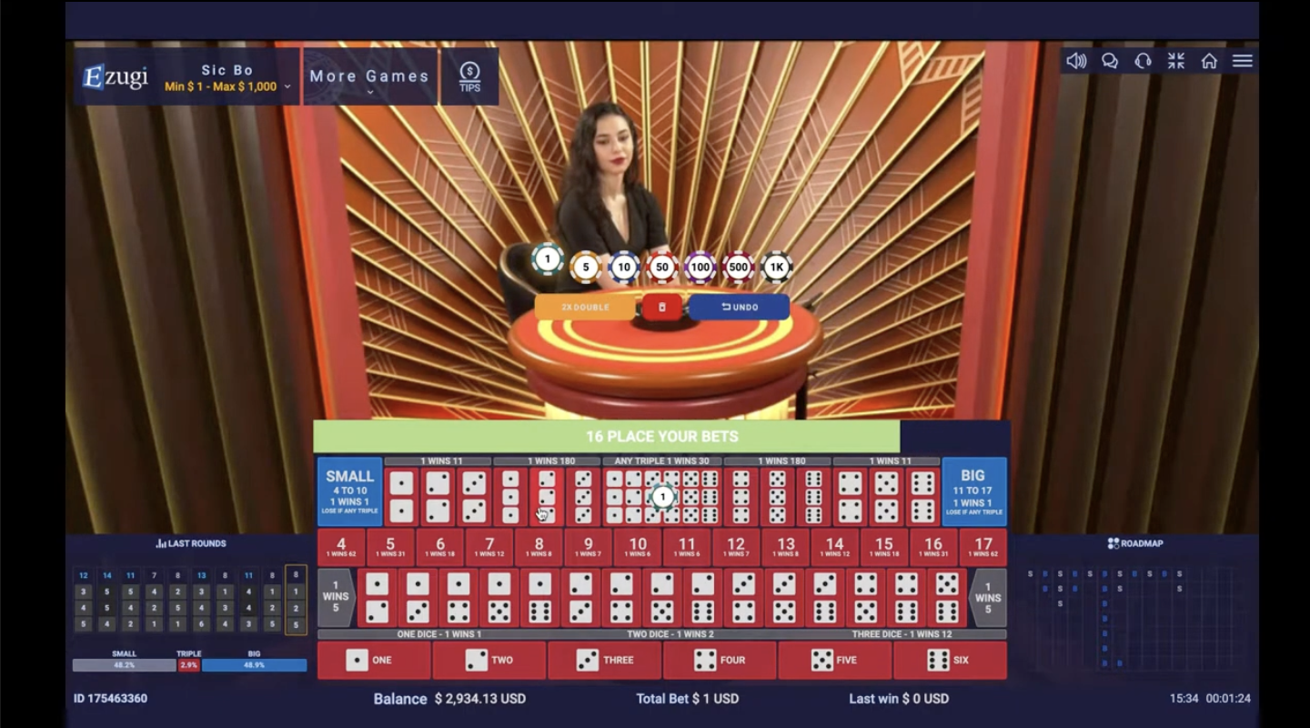 Sic Bo game by Ezugi live casino provider